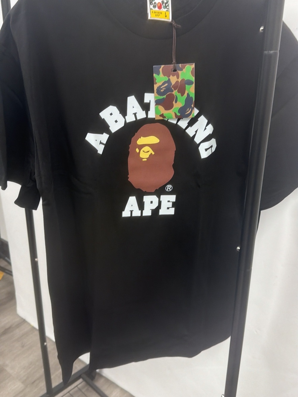 Bape Black Graphic Ape Logo Tee with Brown & Yellow Print